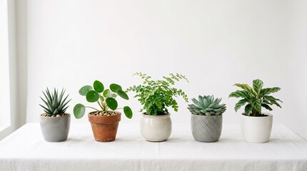 Fototapeta premium A serene indoor setting displays a row of potted plants on a table by the window.