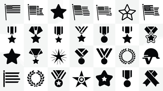 Collection of silhouetted american flags stars medals ribbons wreaths and helmets symbolizing patriotism military honor remembrance and national pride for memorial day