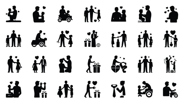 Diverse silhouette collection fathers and children in heartwarming moments celebrating family bonds love and care through various activities and gestures ideal for joyful concepts