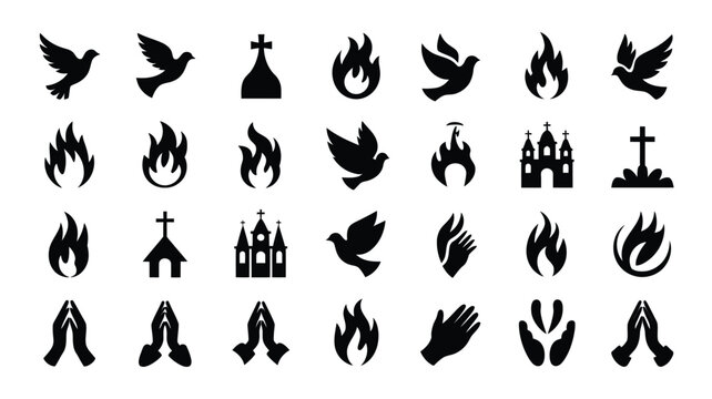 Collection of black silhouette icons representing faith spirituality and religious symbols including doves flames churches crosses and praying hands for graphic design