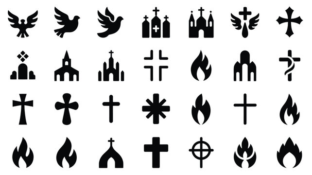 Collection of black religious and spiritual icons representing faith christianity and spirituality including churches crosses doves flames and abstract symbols on a white