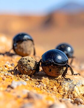 A close-up view of dung beetles rolling dung balls on a rocky surface