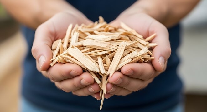 Close up of hands holding wood chips.