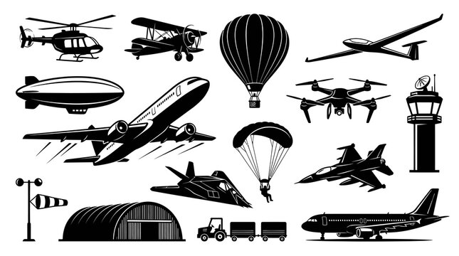 Aviation Aircraft and Airport Elements Black  White Glyph Icons Set