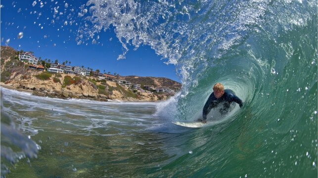 Surfer inside a breaking wave barrel on a sunny day with copy space