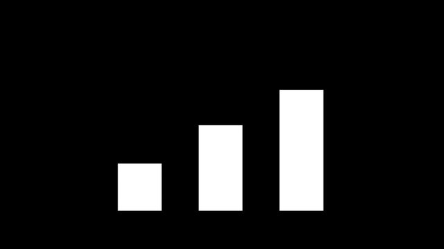 Clean white bar chart animation on a solid black background, featuring three ascending columns representing financial growth, data analysis, or business success in a minimalist flat design