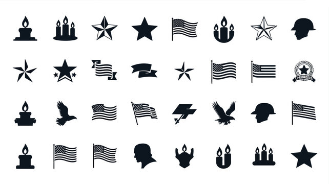 Patriotic american icons collection stars flags eagles helmets candles silhouettes for memorial day veterans day independence day and national holidays vector graphics