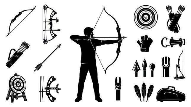 Archery Equipment and Archer Silhouette Black and White Vector Icons
