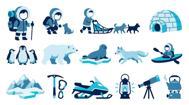 Flat Design Arctic Exploration Vector Icons Set with Polar Animals, People, and Equipment