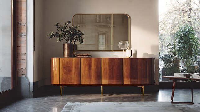 Modern wooden sideboard console table in elegant interior.