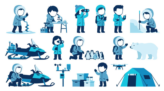 Arctic Expedition Icons: Snowmobiles, Polar Bear, Tent, Scientists, Penguins, Drone