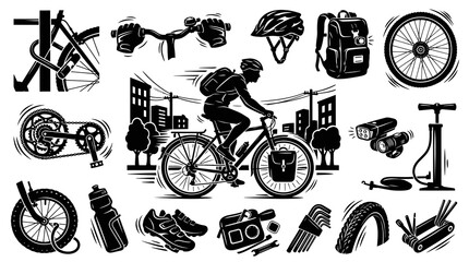 Obraz premium Black and White Line Art Bicycle Gear and Accessories Vector