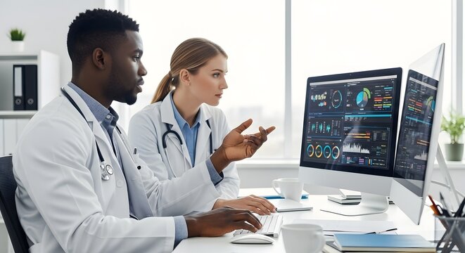 Doctors reviewing medical data and displaying health analytics