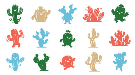Naklejka premium Cute Cartoon Cactus Characters, Vector Illustrations