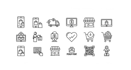 Retail and ecommerce shopping mall outline icon set with online store delivery and payment thin line vector © Mahfuj