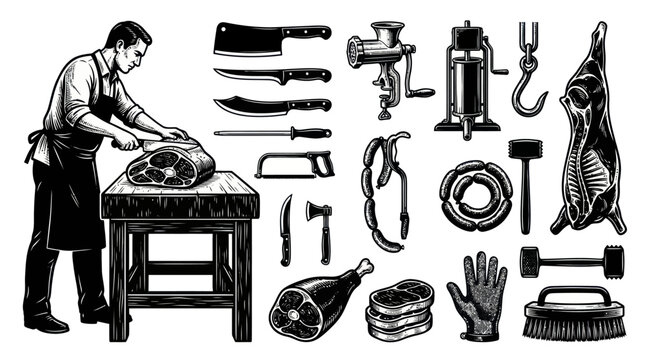 Butchery Shop Meat Products and Tools Black  White Line Art Vector Set