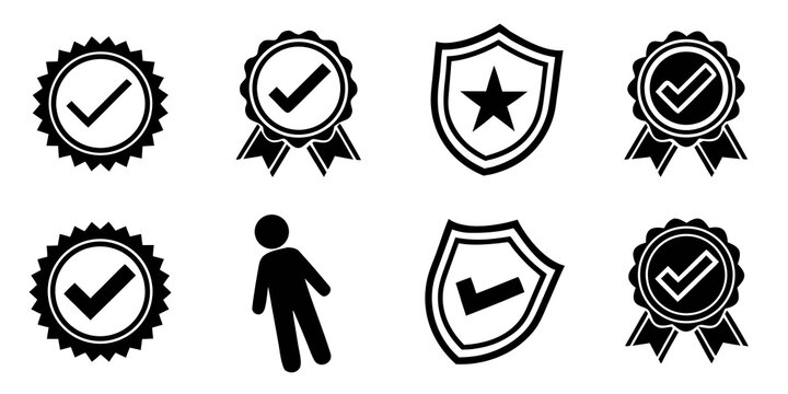Quality icons, guarantee badges, security symbols, checklist labels, vector graphics