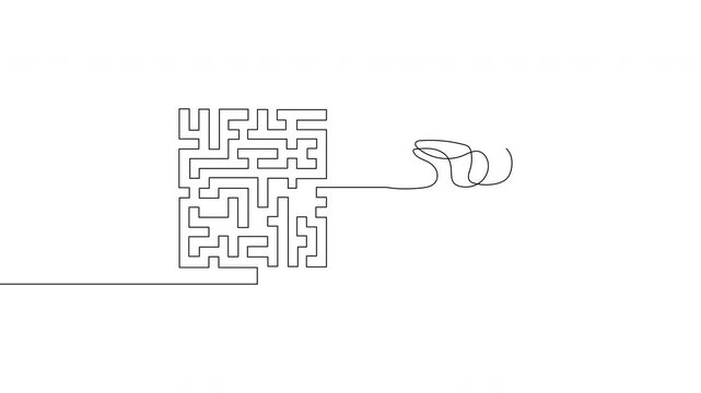 Continuous line maze transforming into tangled scribble on black background, abstract problem solving and complexity concept, minimalist line art, 4K horizontal video