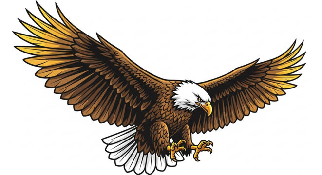 Majestic bald eagle soaring with outstretched wings and sharp talons against a white background illustration of power and freedom
