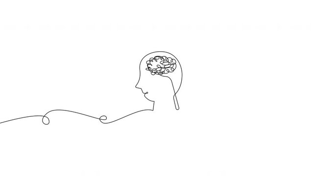 Continuous line human head with tangled brain on black background, abstract mental health and overthinking concept, minimalist line art, 4K horizontal video
