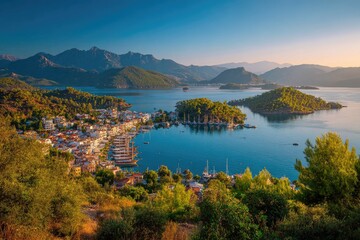 Obraz premium Scenic bay view with town, boats, islands, and mountains under a blue sky