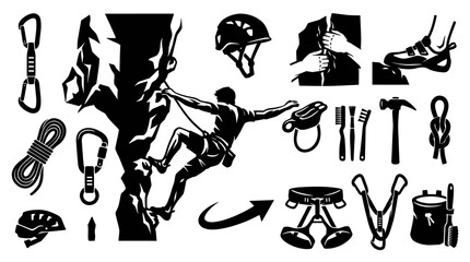 Obraz premium Black and White Vector Icons of Rock Climbing Gear and Activity