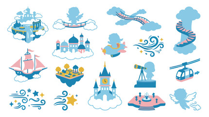 Obraz premium Fantasy Dreamland Elements Flat Vector Icon Set - Castle, Angel, Airship for Fairytale Stories