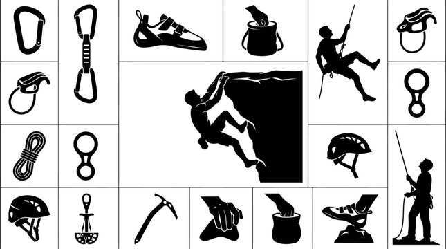 Climbing Gear and Action Icons Black and White Vector Set