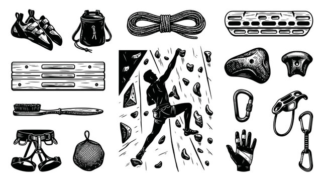 Rock Climbing  Bouldering Gear Set. Hand Drawn Black and White Line Art Icons