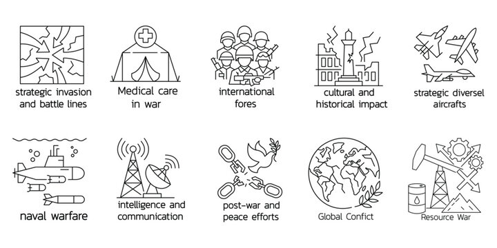 Military strategy icons for battle lines medical care in war and peace efforts.Editable stroke, Vector illustration, Line art Icon, Symbols.