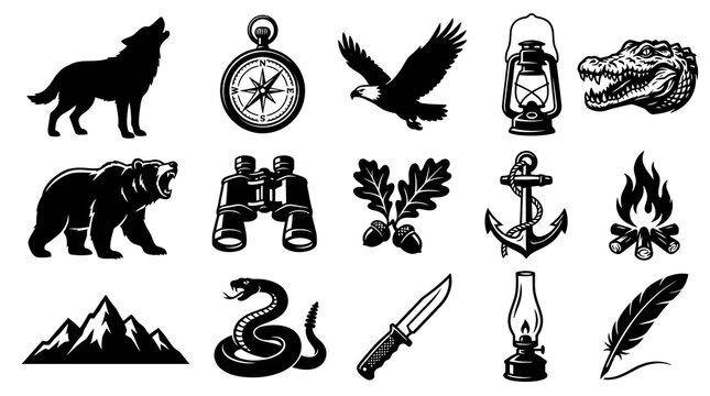 Vintage Outdoor Adventure Icons: Wolf, Bear, Eagle, Compass, Knife, Lantern