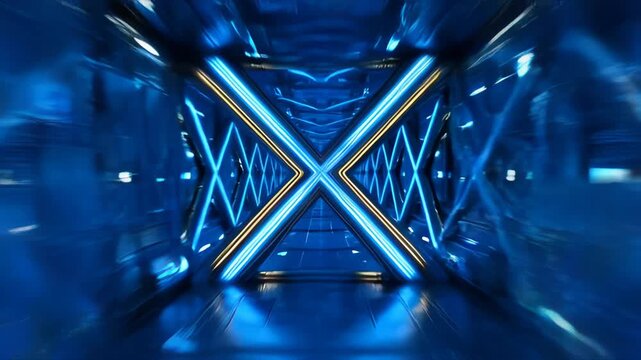 Futuristic blue tunnel light motion blur abstract neon symmetry corridor with glowing x shape reflective metal surface and gold cross mirror reflection technology background