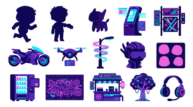 Cyberpunk Style Icons: Futuristic City Elements  Characters Set