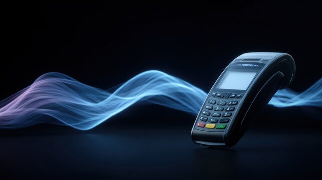 POS Terminal in the Digital Age: A sleek point-of-sale terminal stands, embraced by flowing streams of energy, symbolizing the seamless fusion of technology and commerce. 