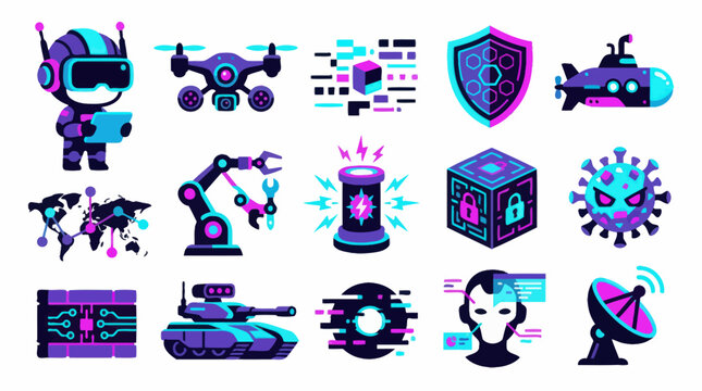 Technology, AI  Cybersecurity Flat Vector Icon Set with Neon Gradient Futuristic Illustrations