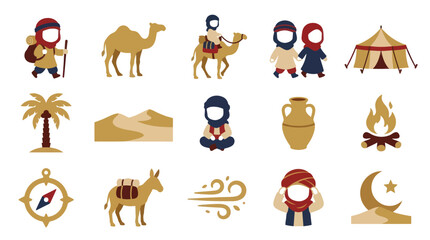 Fototapeta premium Arabian Desert Caravan Icons: Camel, Tent, Nomad, Oasis