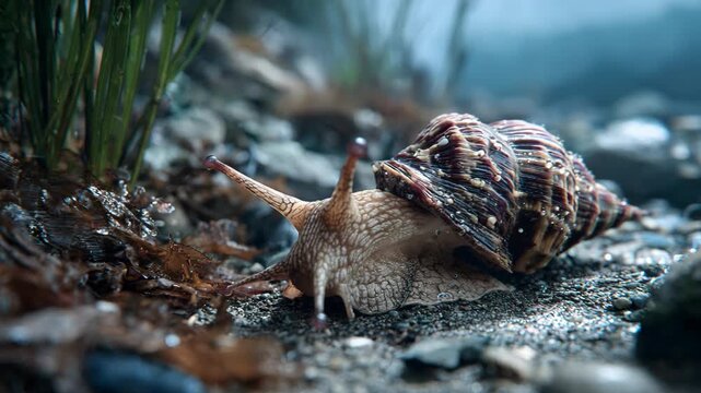 Snail slowly moving across rocks and plants