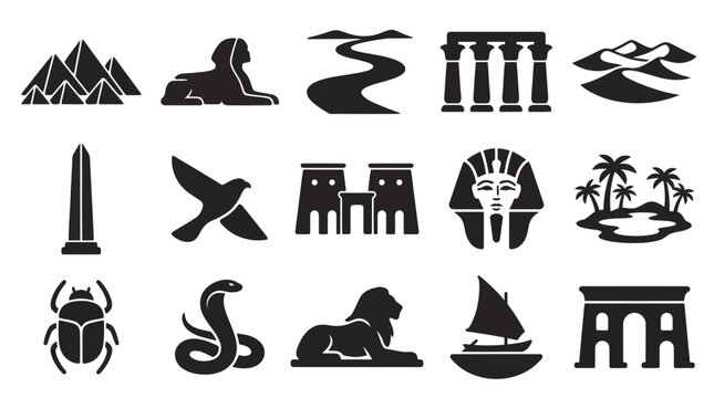 Egyptian Icons Set: Pyramids, Sphinx, Hieroglyphs, Scarab, Cleopatra, Nile, Glyph Art