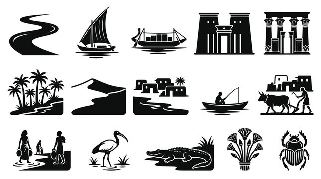 Ancient Egyptian Icons: Nile River, Pharaohs, Pyramids, Scars, Lotus