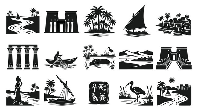 Ancient Egypt Vector Silhouette Icons Set. Travel, Culture, Nile, Temples, Desert Elements.