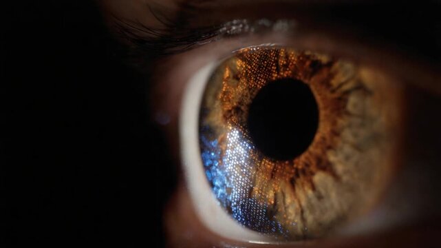 Close up of human eye with detailed iris in dark environment