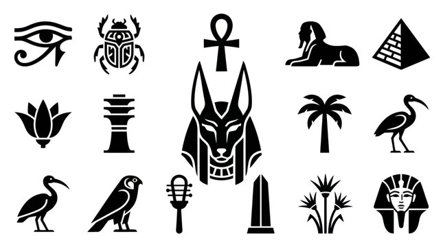 Ancient Egyptian Symbols  Icons Set. Flat Black and White Glyph Art for History  Culture