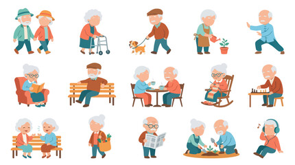 Fototapeta premium Flat Vector Illustration Set: Active Senior Lifestyle, Elderly People Daily Activities