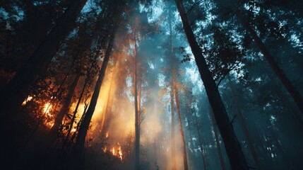 Fototapeta premium Dramatic Scene of Forest Fire with Smoke and Flames Illuminating Tall Trees Amidst Darkness in a Dense Woodland at Twilight