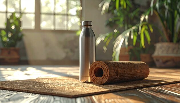 Yoga mat, water bottle, and rolled mat on wooden floor.