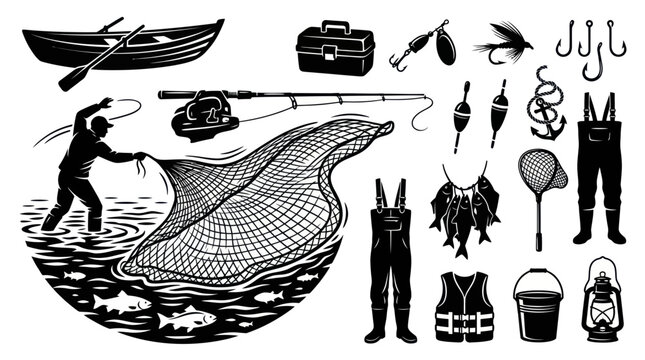 Fishing Industry Black  White Silhouette Vector Icons Set with Fisherman, Boat, and Gear