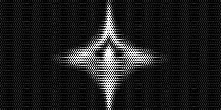 Hexagon halftone gradient texture. Abstract black grunge background. Geometric retro halftone tech overlay. Fading wavy hexagonal pattern backdrop. Vector vanishing honeycomb grunge bitmap wallpaper