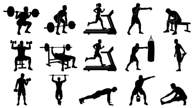 Fitness Workout Silhouettes: Gym Exercise  Sport Activities Vector Icons Collection