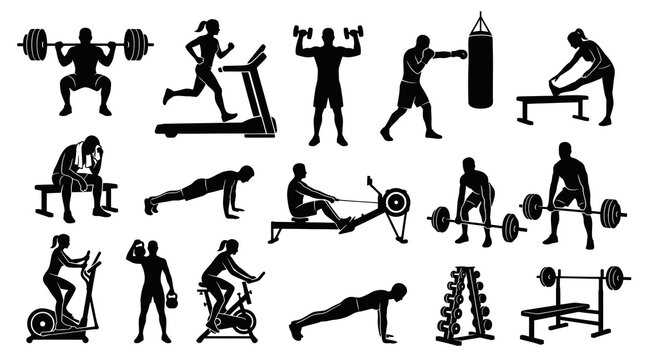 Fitness Gym Workout Vector Silhouettes Set. Black and White Exercise Icons Collection