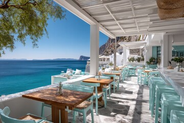 Fototapeta premium Seaside restaurant with ocean view, tables, chairs, and serene coastal vibe